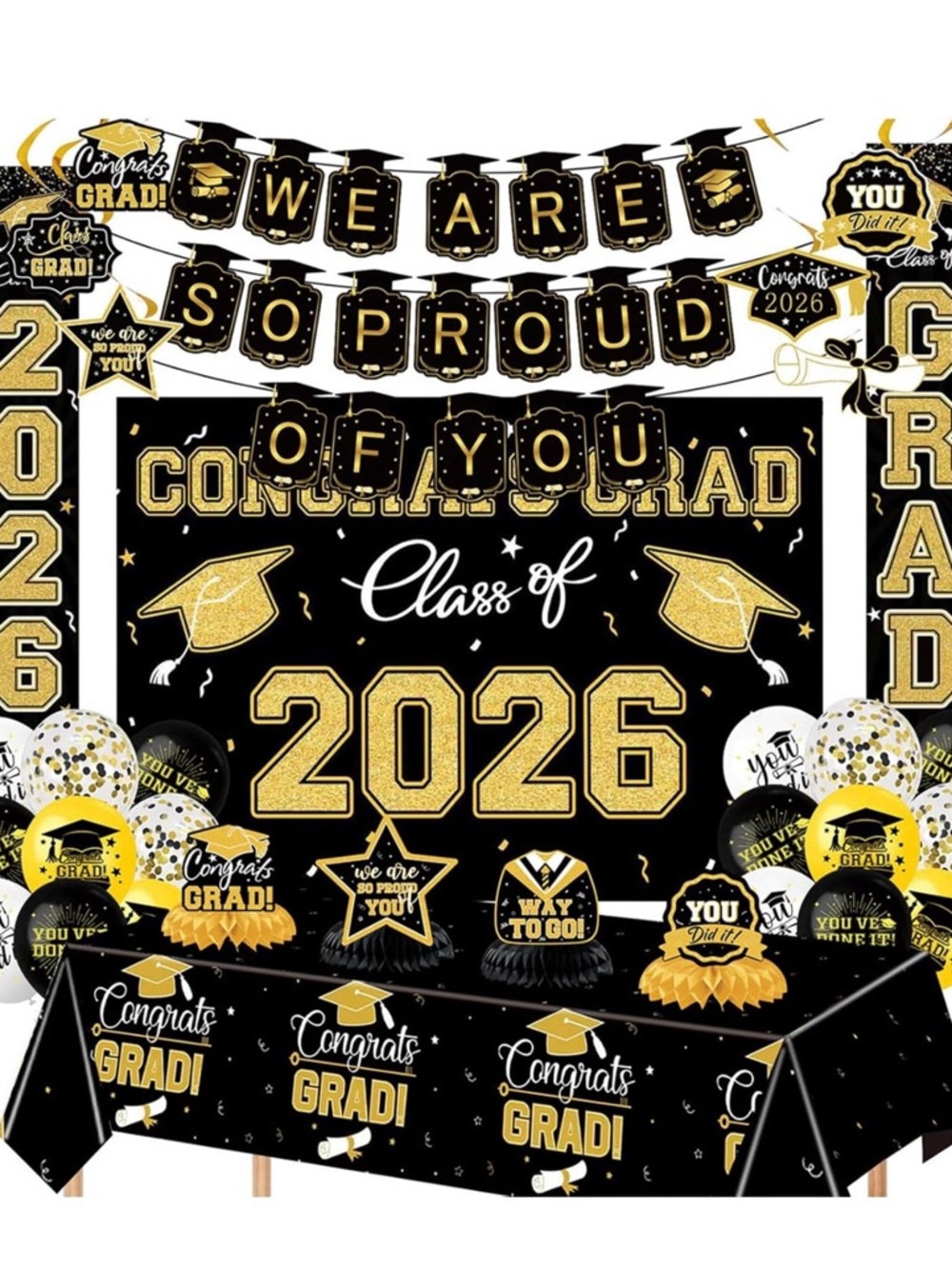 Class of 2026 Graduation Party Decorations Set - Black & Gold